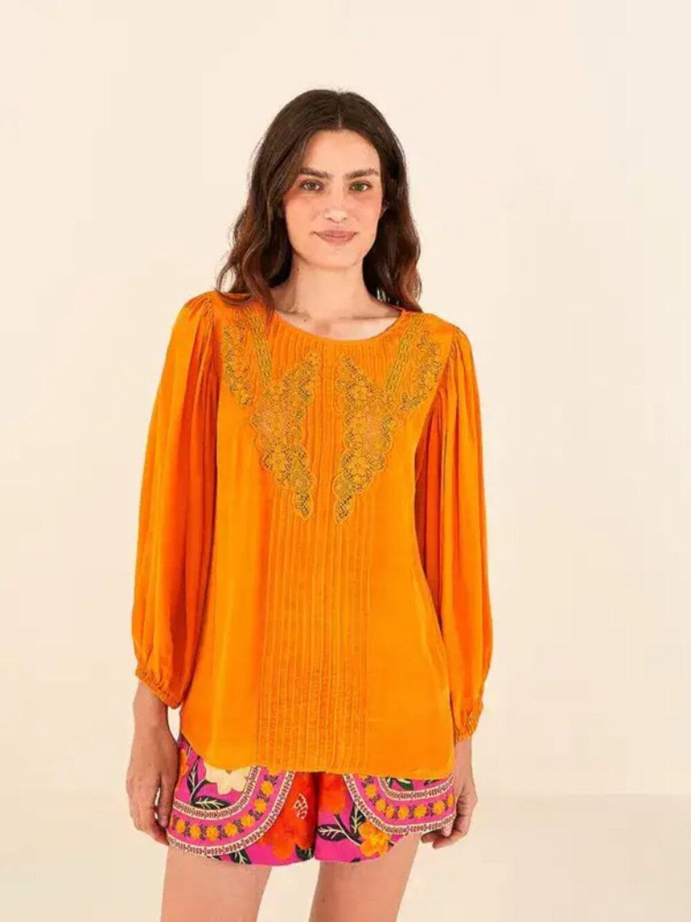 Farm Rio Orange Lace Blouse Size Small